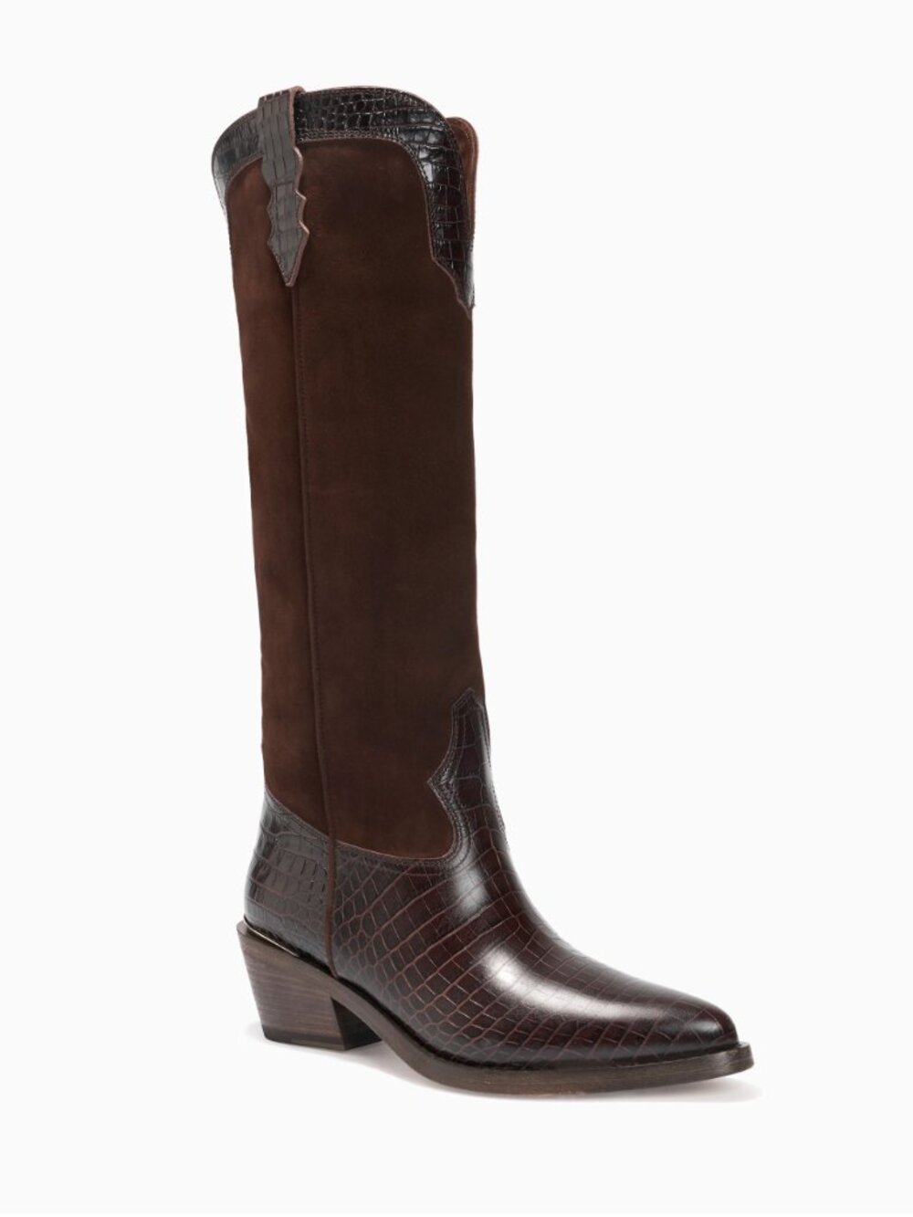 Partlow Mira Knee High Croc-Embossed Heeled Boots in Brown
